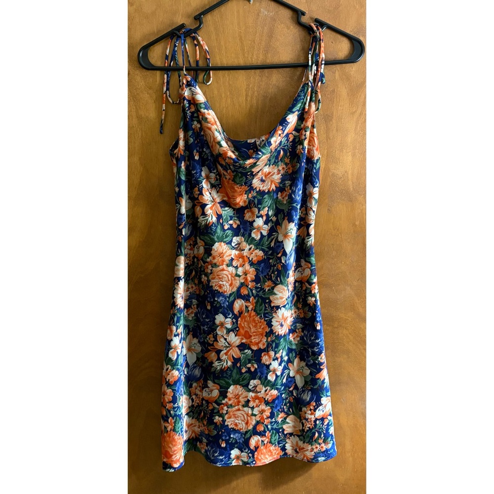 Lulu's Navy Blue Floral Satin Mini Slip Dress Slinky Cowl Neck Y2K Formal Party